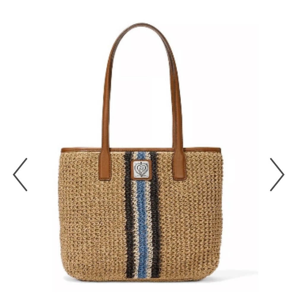 Brighton Tan and Brown Straw Shoulder Bag with Blue Stripe